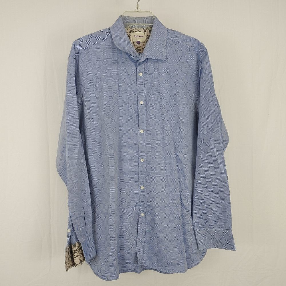 Ted Baker Archive Mens 17.5 Blue Checkered Egyption Cotton Flip Cuff Dress Shirt
